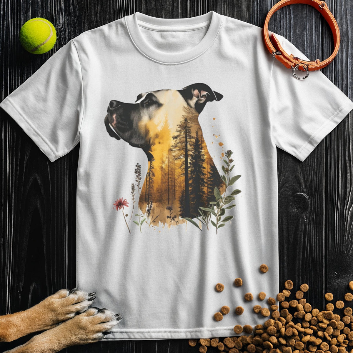 White Nature's Sentry Pitbull Dog T-Shirt with artistic forest dog graphic, eco-conscious cotton, crew neck for men and women.