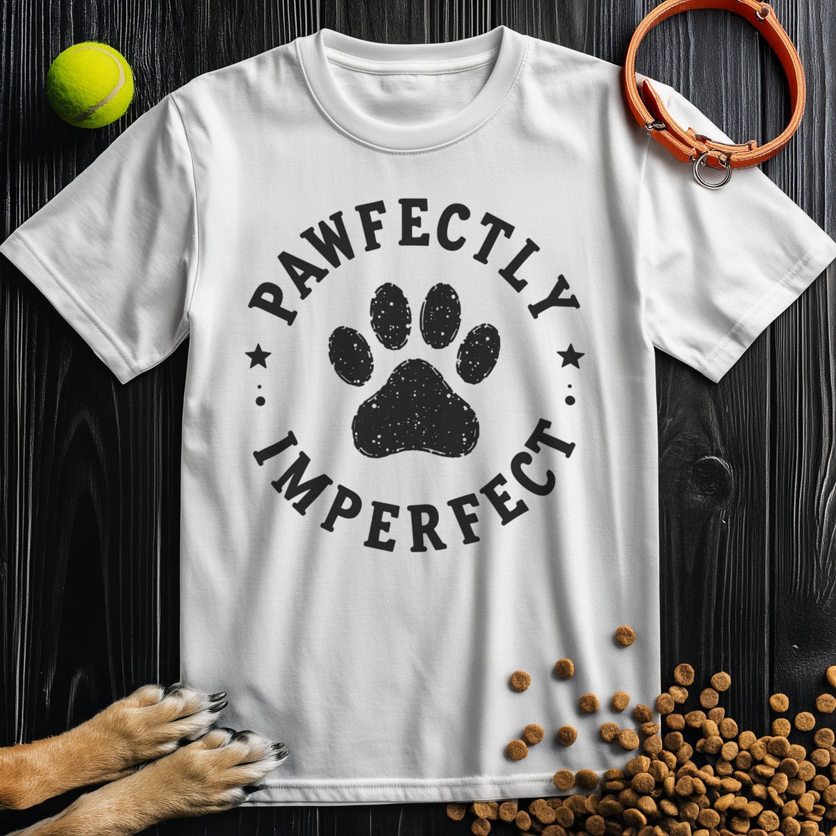White Pawfectly Imperfect Badge T-Shirt made from 100% cotton. Stylish dog-themed shirt perfect for everyday comfort and gifting.