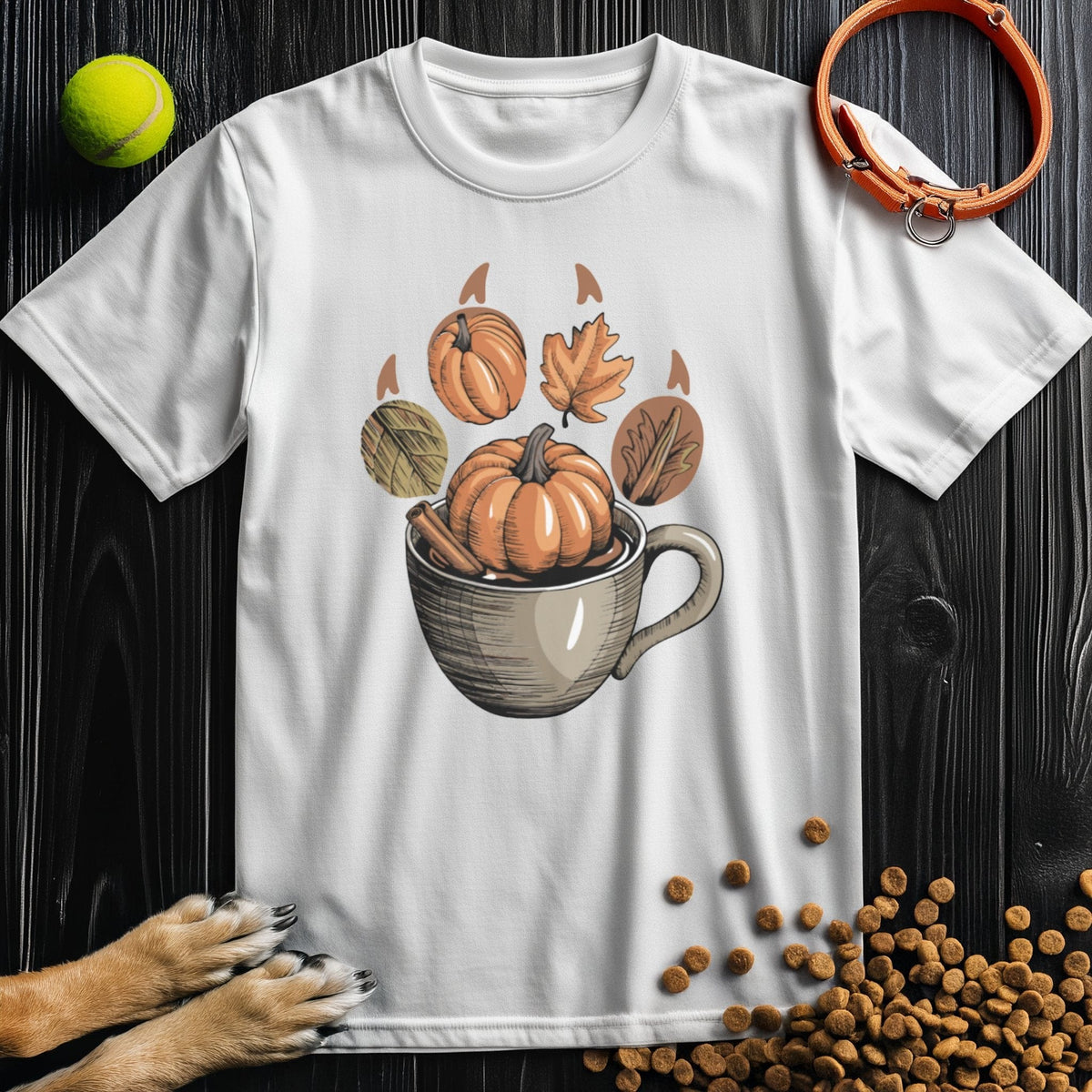 White Autumn Brew Paw Tee with fall-themed pumpkin and leaf artwork, crafted from soft 100% cotton for seasonal wear.
