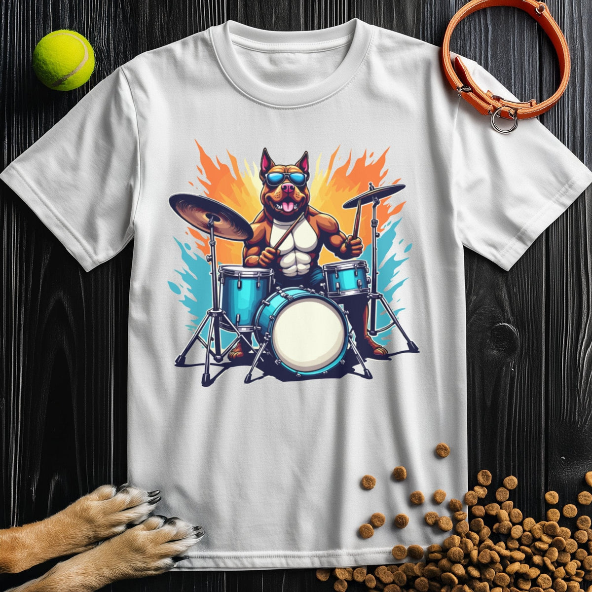 White Premium Drum Dog T-Shirt showcasing a cool dog drummer design. High-quality cotton shirt perfect for casual wear and pet lovers.