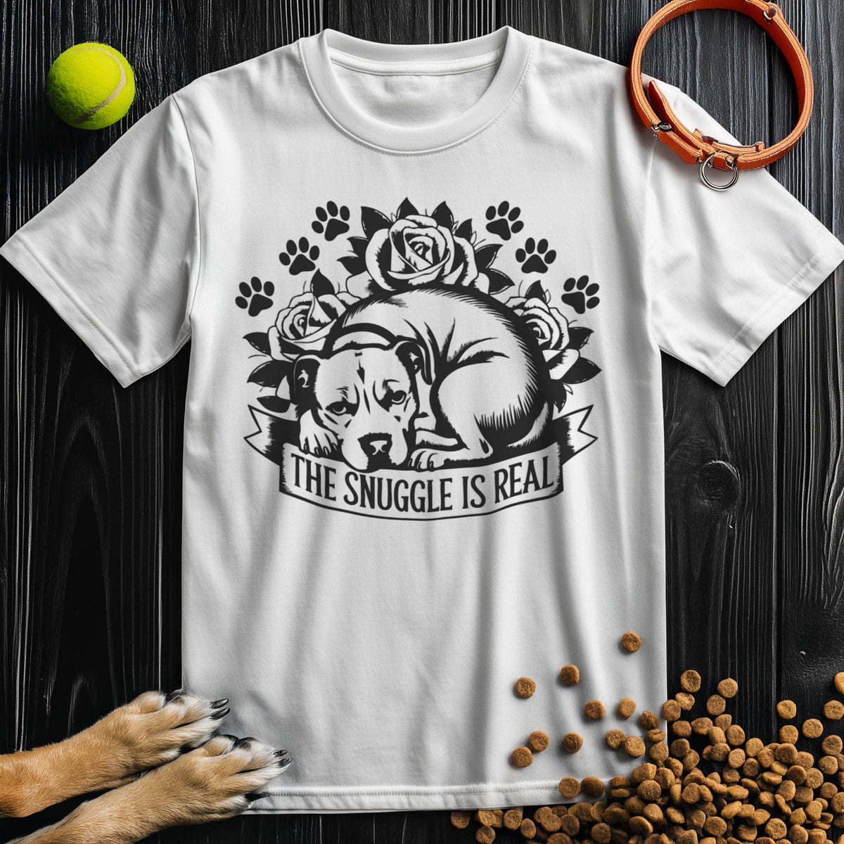 Snuggle Is Real Black T-Shirt in white, showcasing a curled dog and paw print motif, crafted from sustainable cotton for everyday wear.