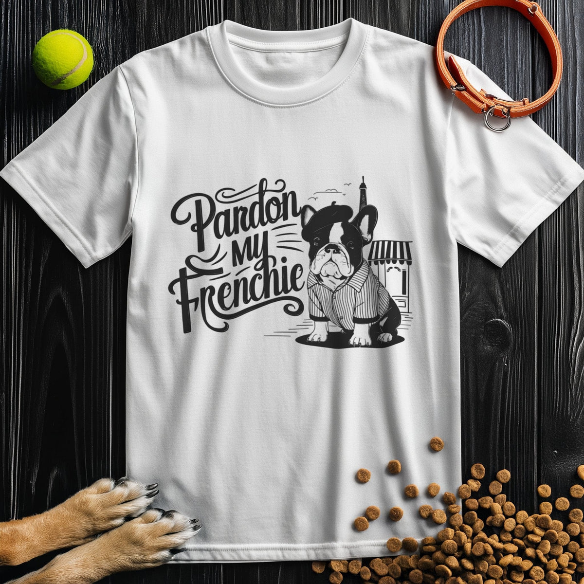 White 'Pardon My Frenchie' t-shirt with a stylish French Bulldog print. Fun dog lover apparel available at Good Boy Mob.