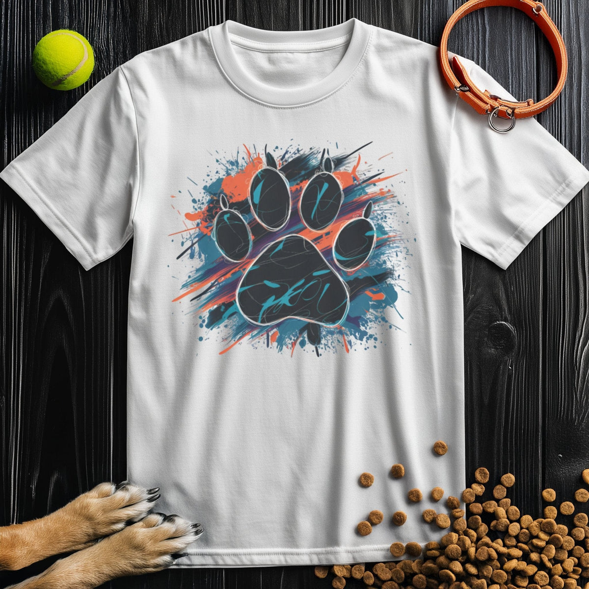 White Urban Dog Paw Print T-Shirt with colorful splash paw design. Soft cotton unisex tee from Good Boy Mob, perfect for dog lovers.