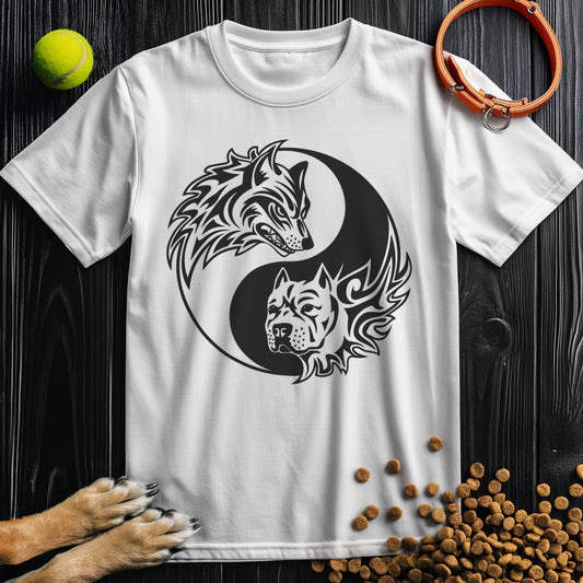 White Yin-Yang Wolf & Dog T-Shirt featuring bold black graphic, made from 100% cotton. Ideal for dog lovers seeking versatile casual wear.