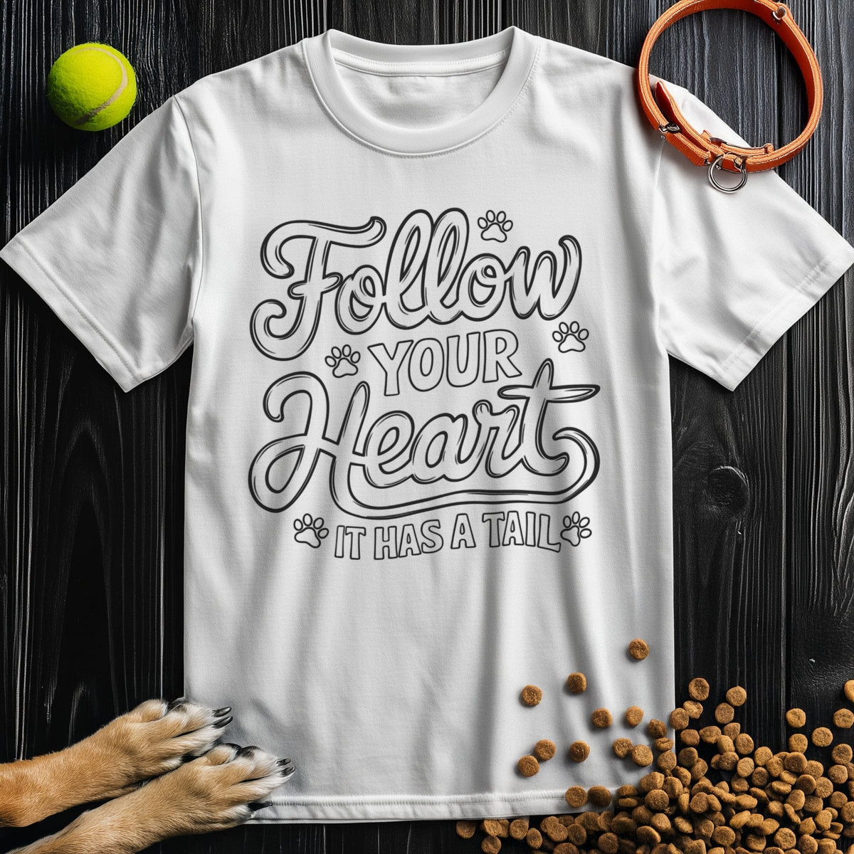 White cotton t-shirt featuring 'Follow Your Heart It Has A Tail' in bold script, a stylish pick for dog lovers. Regular fit and Oeko-Tex certified.