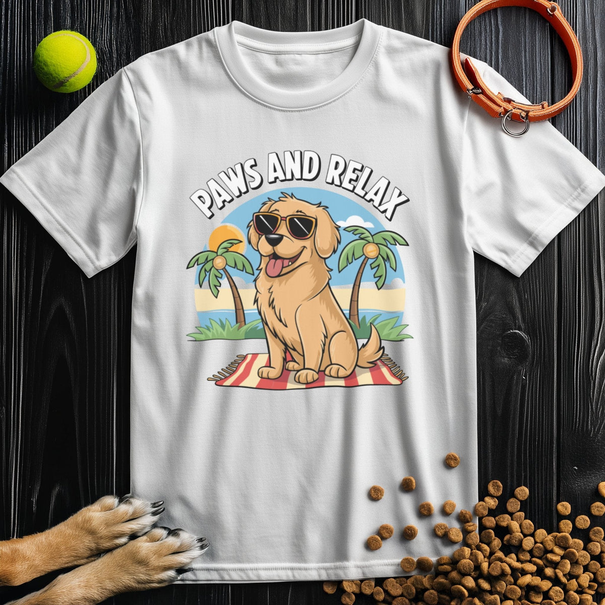 White Pup's Day Off Tee with a playful dog illustration and palm tree backdrop. Ideal for summer, crafted in soft US cotton.