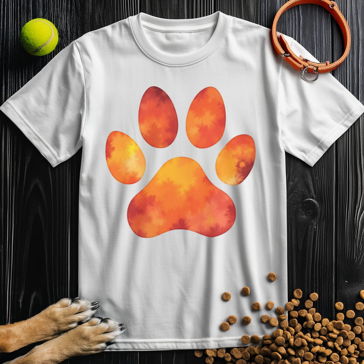 Dog Themed Shirts - Autumn Blaze Paw in white cotton showcasing a bright orange paw print. Stylish unisex tee for dog lovers year-round.