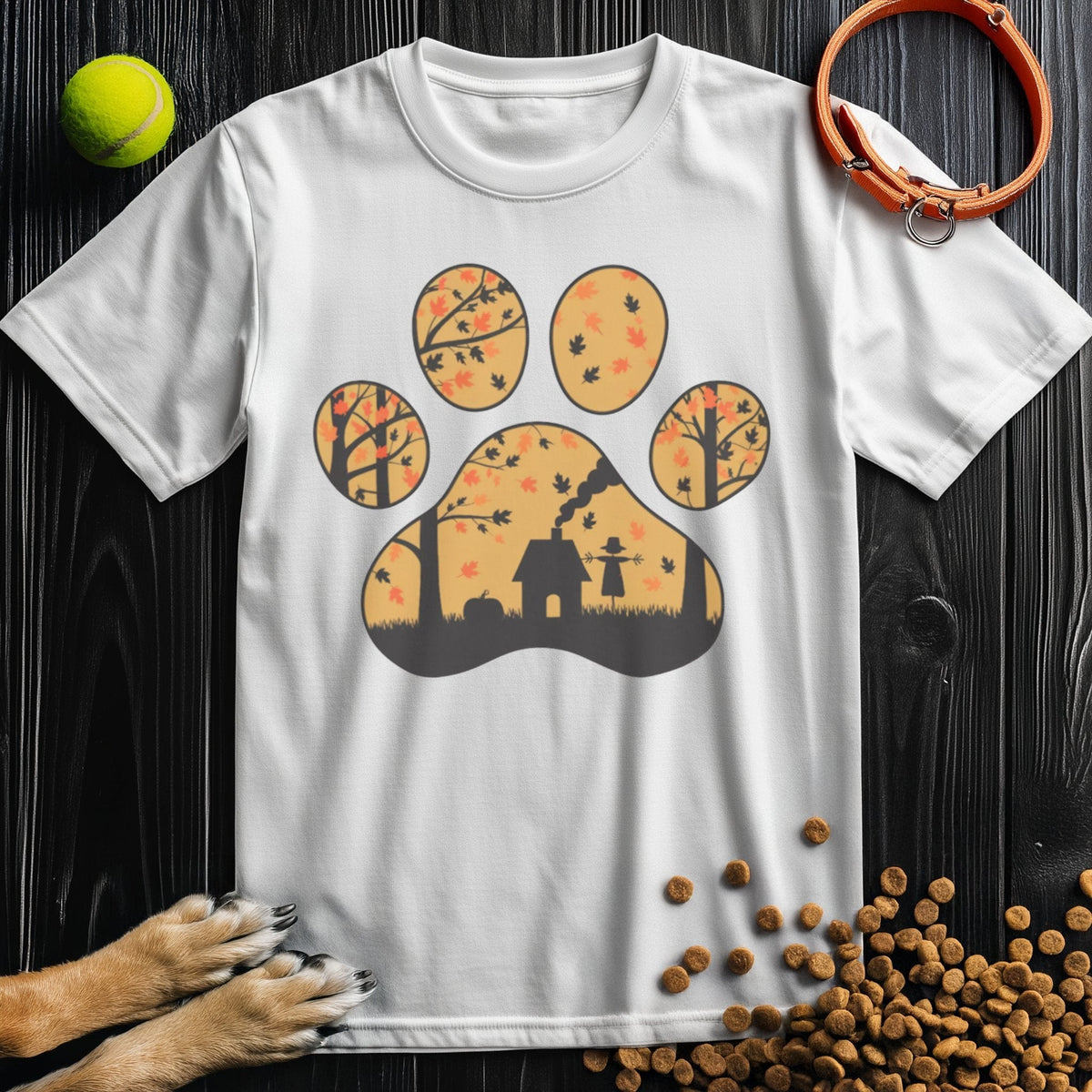 White ethically crafted dog themed T-shirt with a fall forest scene inside a paw print. Harvest Woods Paw Print Dog T-Shirt made from US cotton.