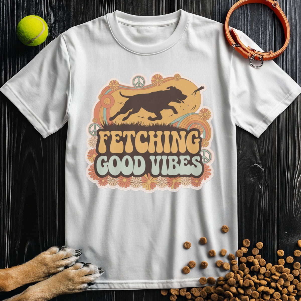White Good Vibes T-Shirt with vintage dog fetch print, crafted from sustainable cotton. Ideal for casual wear and pet enthusiasts.