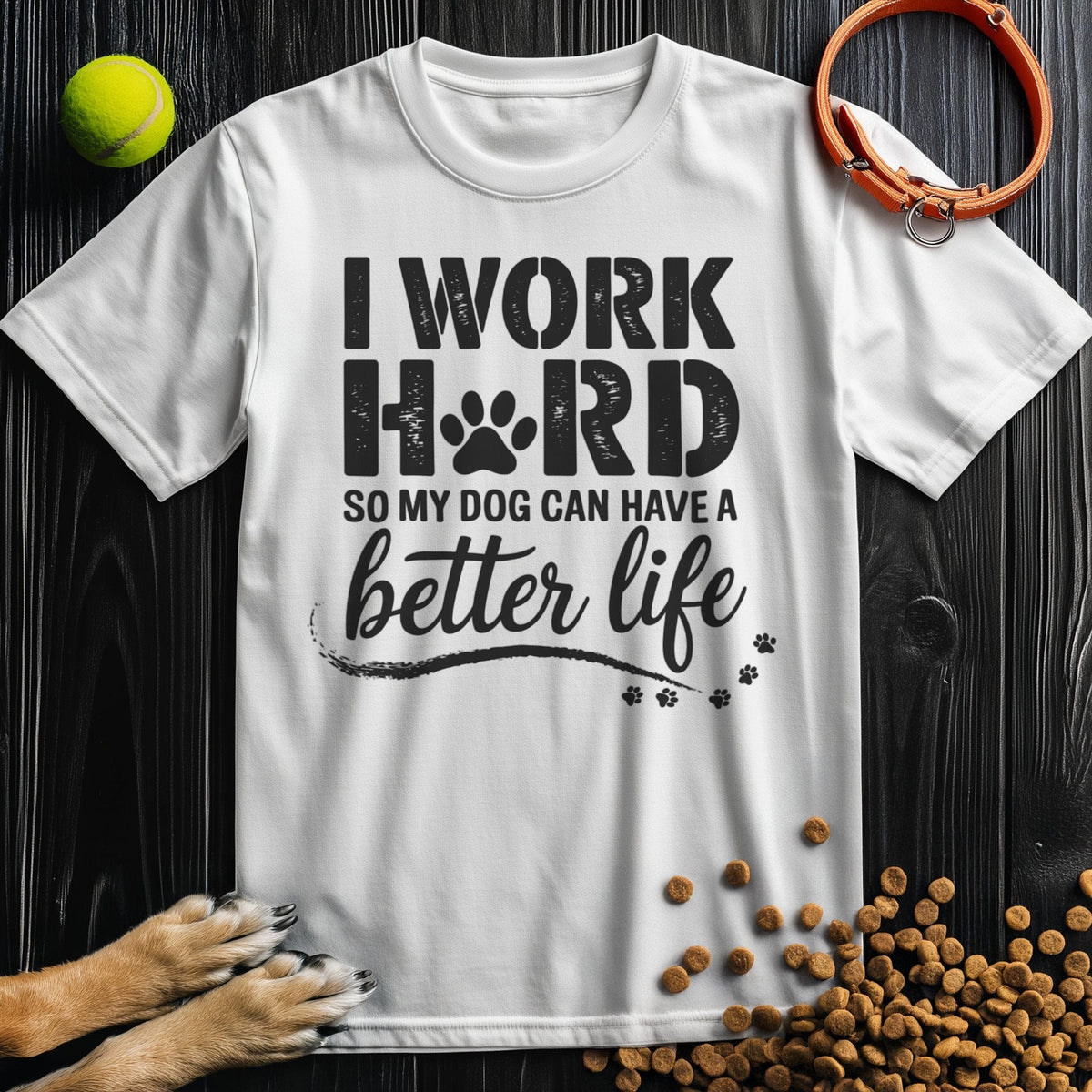 White unisex dog t-shirt featuring bold black text and paw graphics, made from 100% cotton for everyday comfort and dog-friendly fashion.
