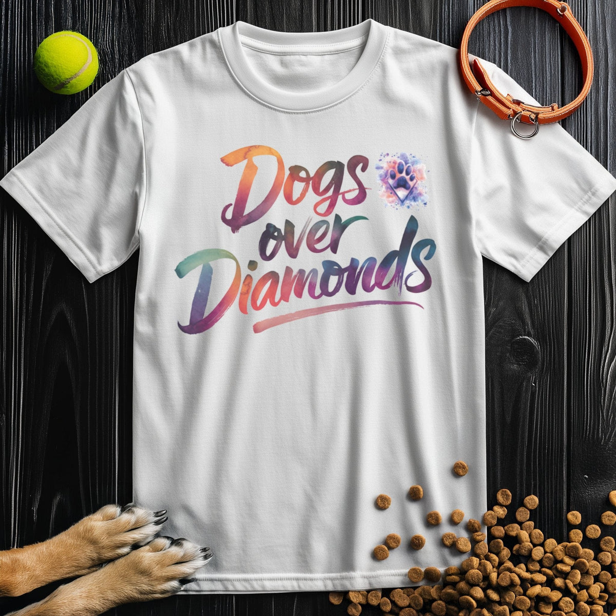 White Dogs Over Diamonds Watercolor Tee with rainbow text and paw design, unisex cotton shirt perfect for dog enthusiasts and casual wear.