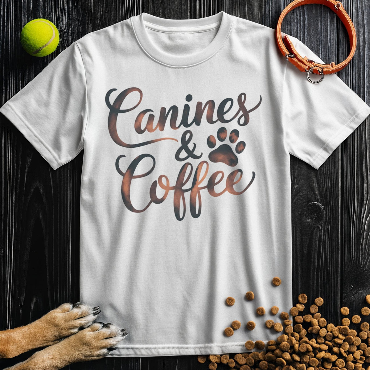 White Dog Coffee Shirt with stylish 'Canines & Coffee' script and paw detail, ideal for pet owners who love comfort and caffeine.