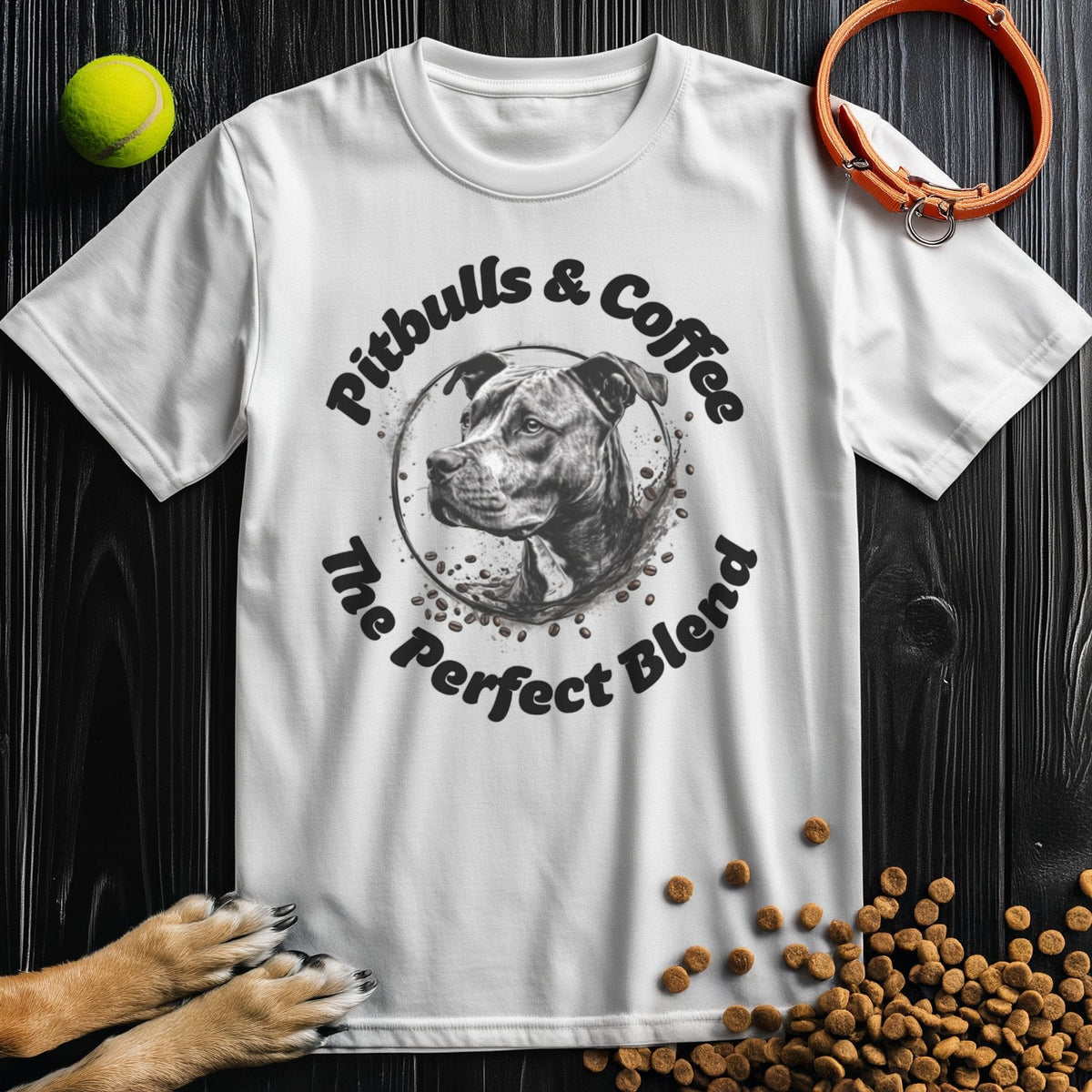 White Pitbull T Shirt with bold coffee and dog lover print. Perfect casual wear for pitbull owners and coffee enthusiasts.