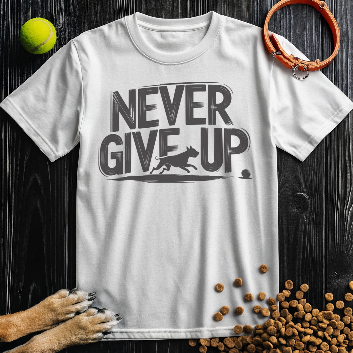 White cotton Never Give Up dog-themed T-shirt with bold black lettering, crew neck design for unisex summer fashion.
