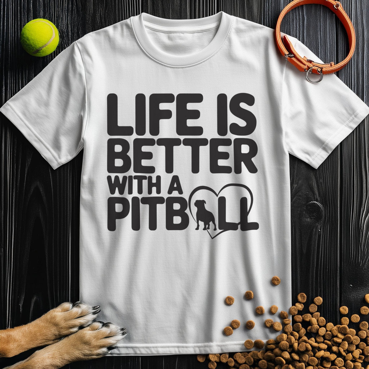 White Pitbull T-Shirt with bold black lettering and heart-pitbull graphic. Soft ring-spun cotton tee perfect for pet enthusiasts.