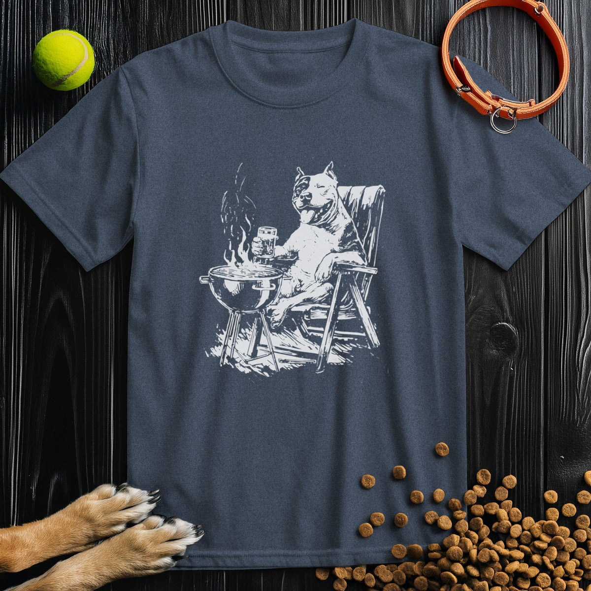 Casual heather navy tee featuring Relaxed Roasting text for dog lovers

