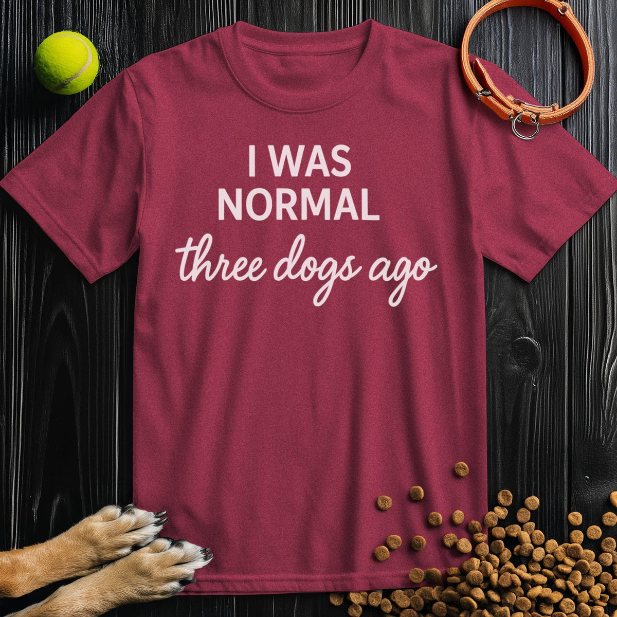 Front view of ‘I Was Normal 3 Dogs Ago’ dog tee in heather cardinal