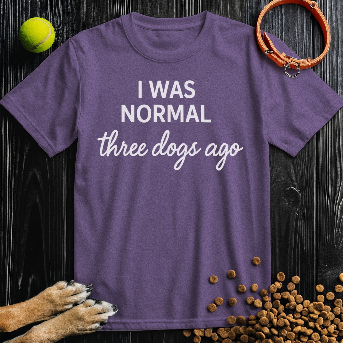 Front view of ‘I Was Normal 3 Dogs Ago’ dog tee in heather purple