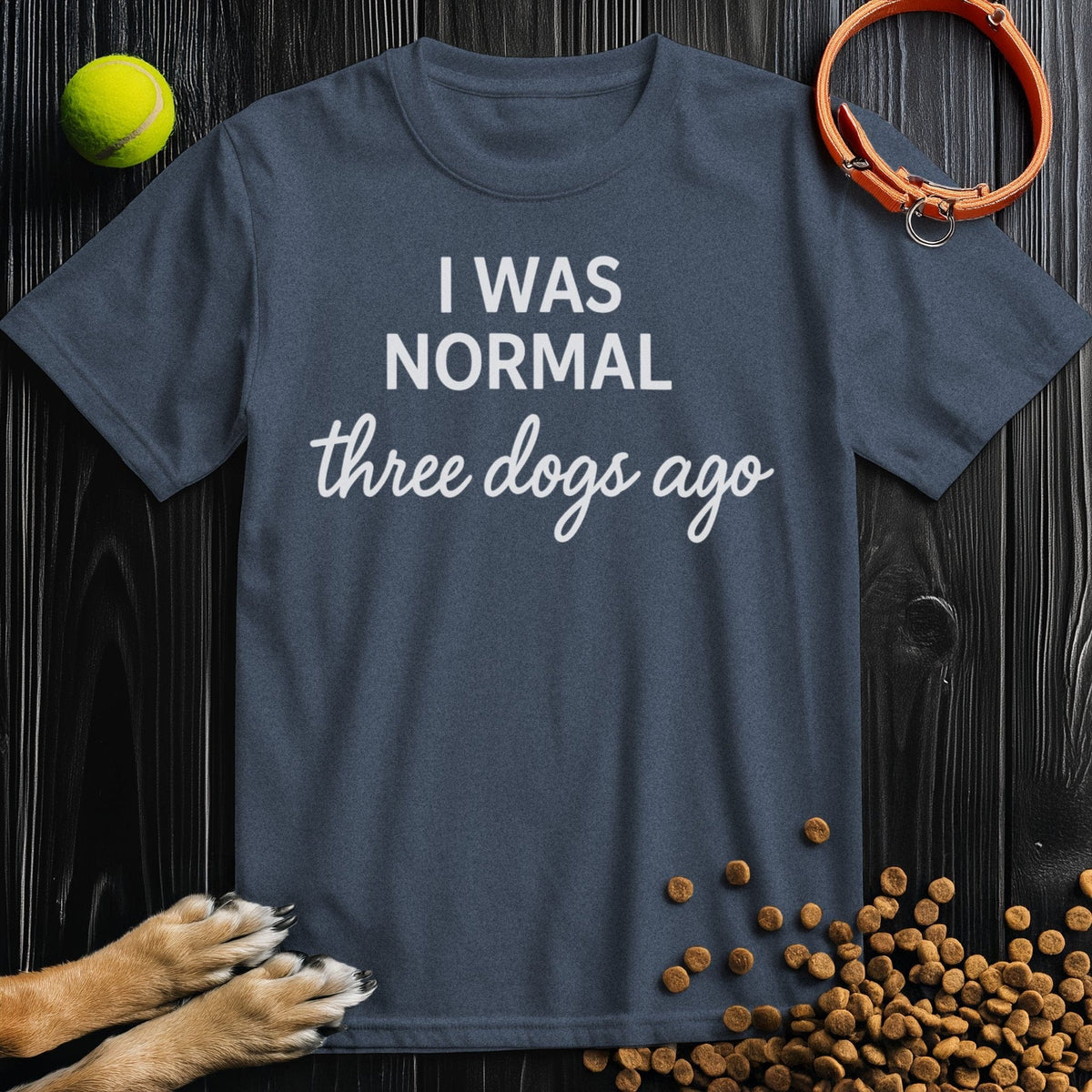 Front view of ‘I Was Normal 3 Dogs Ago’ dog tee in heather navy