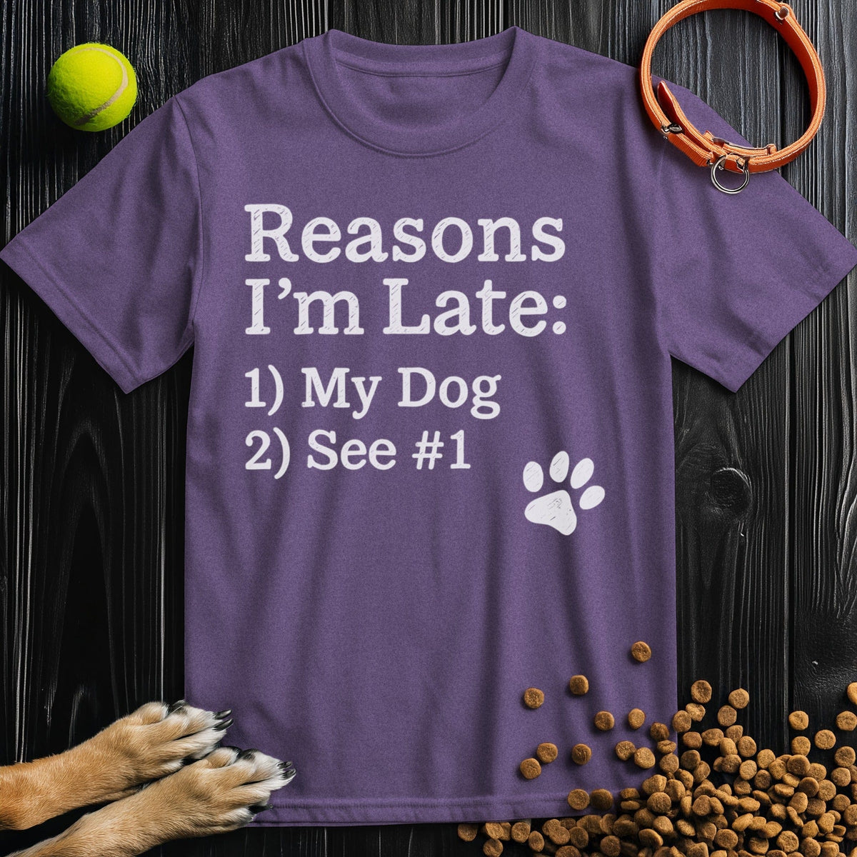 Front view of ‘Reasons I’m Late: My Dog’ dog shirt in heather purple