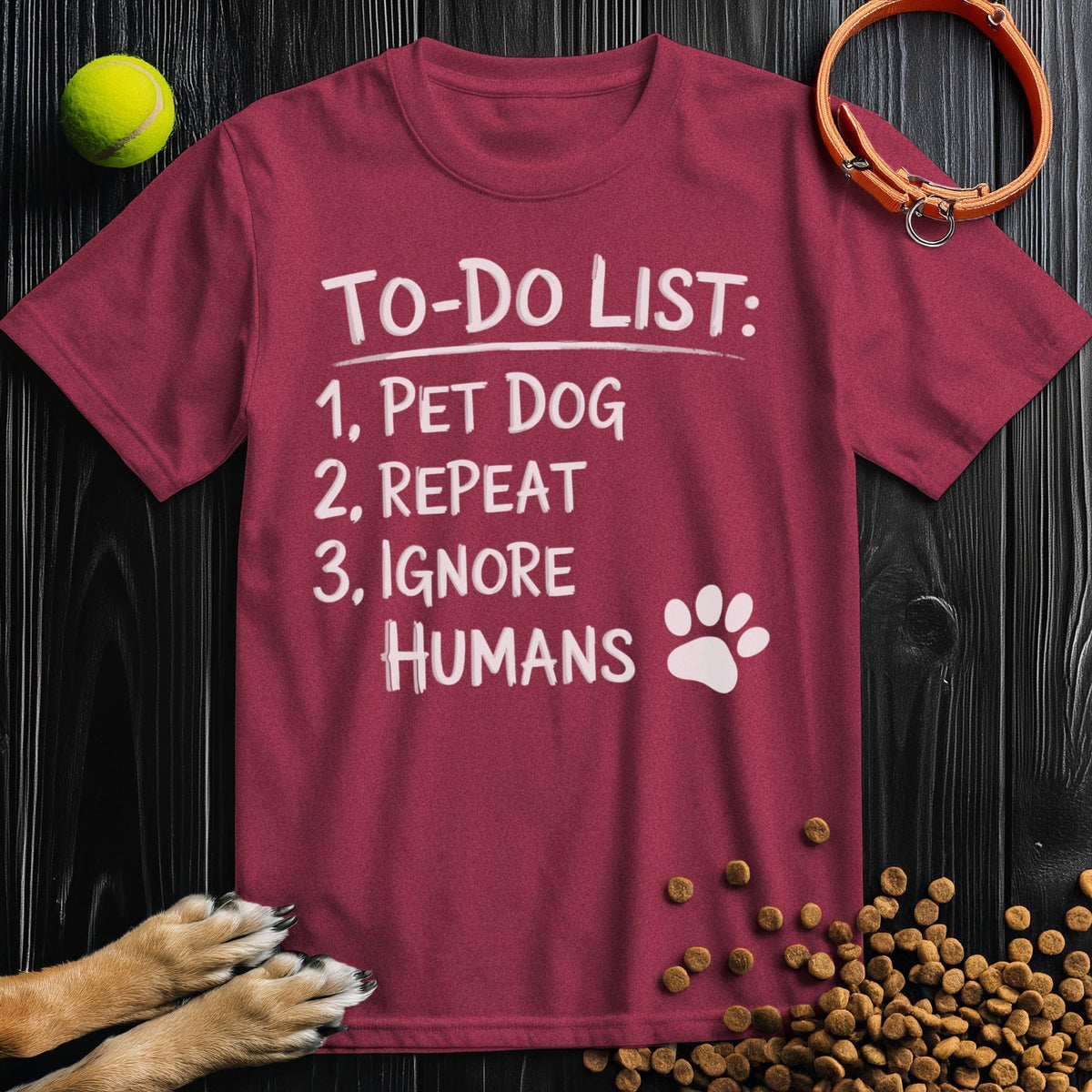 Front view of ‘To-Do List: Pet Dog & Repeat’ dog shirt in heather cardinal