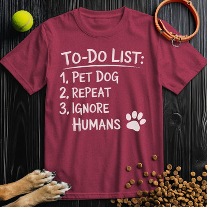 Front view of ‘To-Do List: Pet Dog & Repeat’ dog shirt in heather cardinal