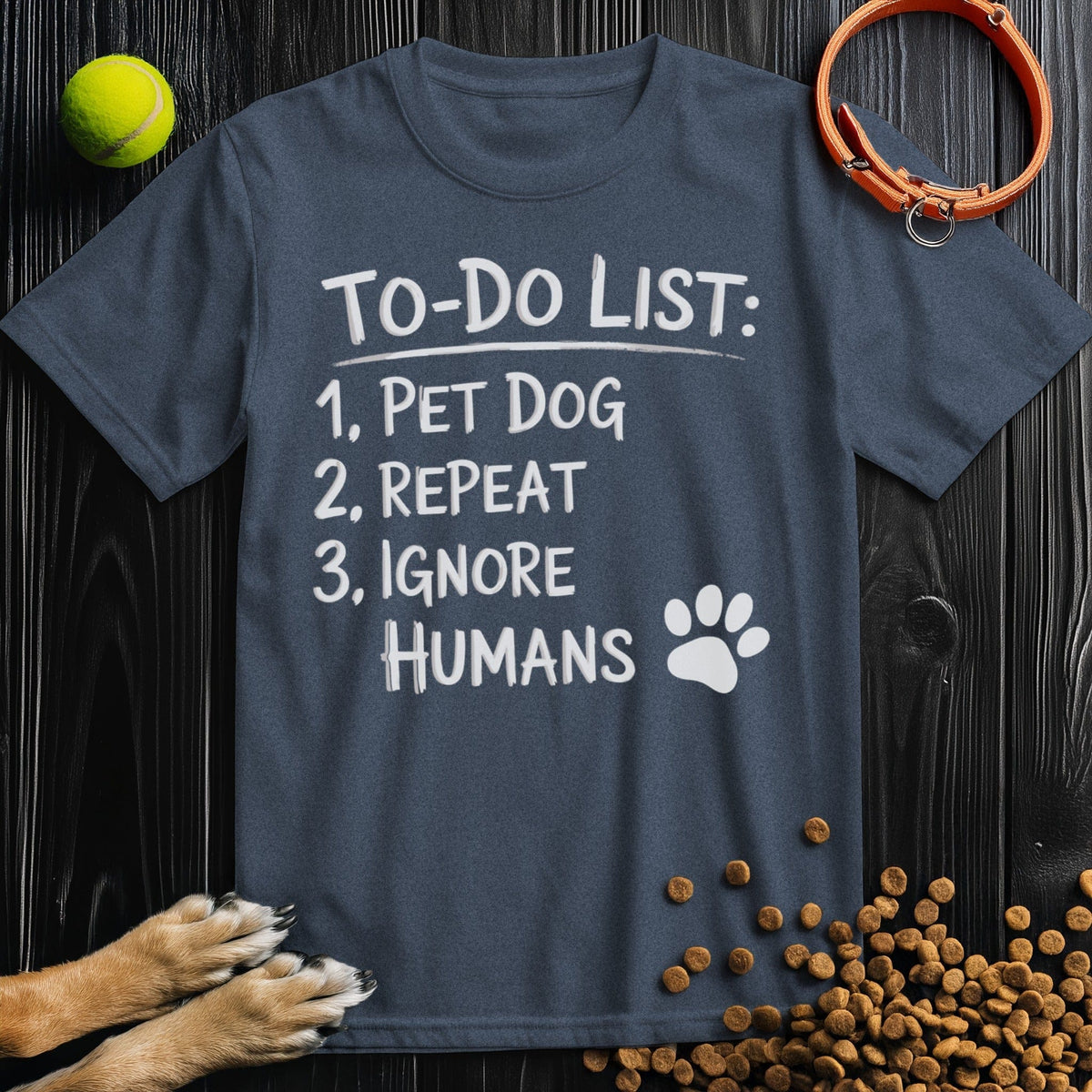 Front view of ‘To-Do List: Pet Dog & Repeat’ dog tee in heather navy