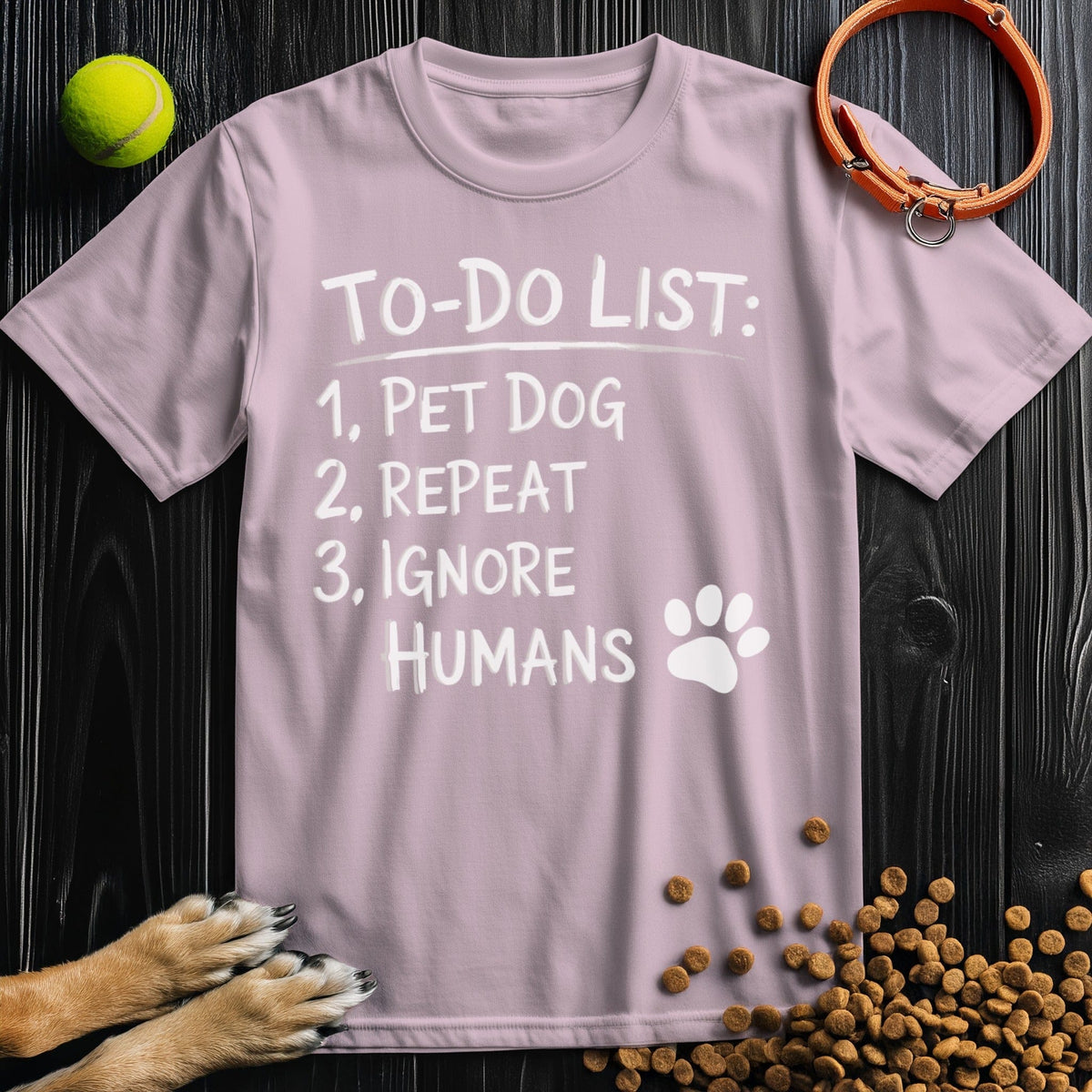 Front view of ‘To-Do List: Pet Dog & Repeat’ dog tee in light pink