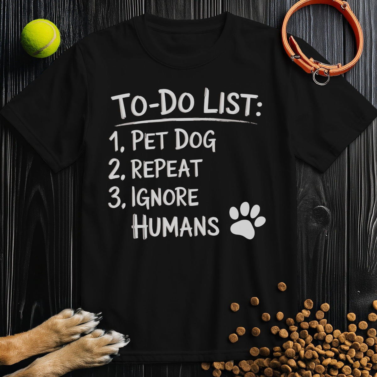 Front view of ‘To-Do List: Pet Dog & Repeat’ dog t-shirt in black