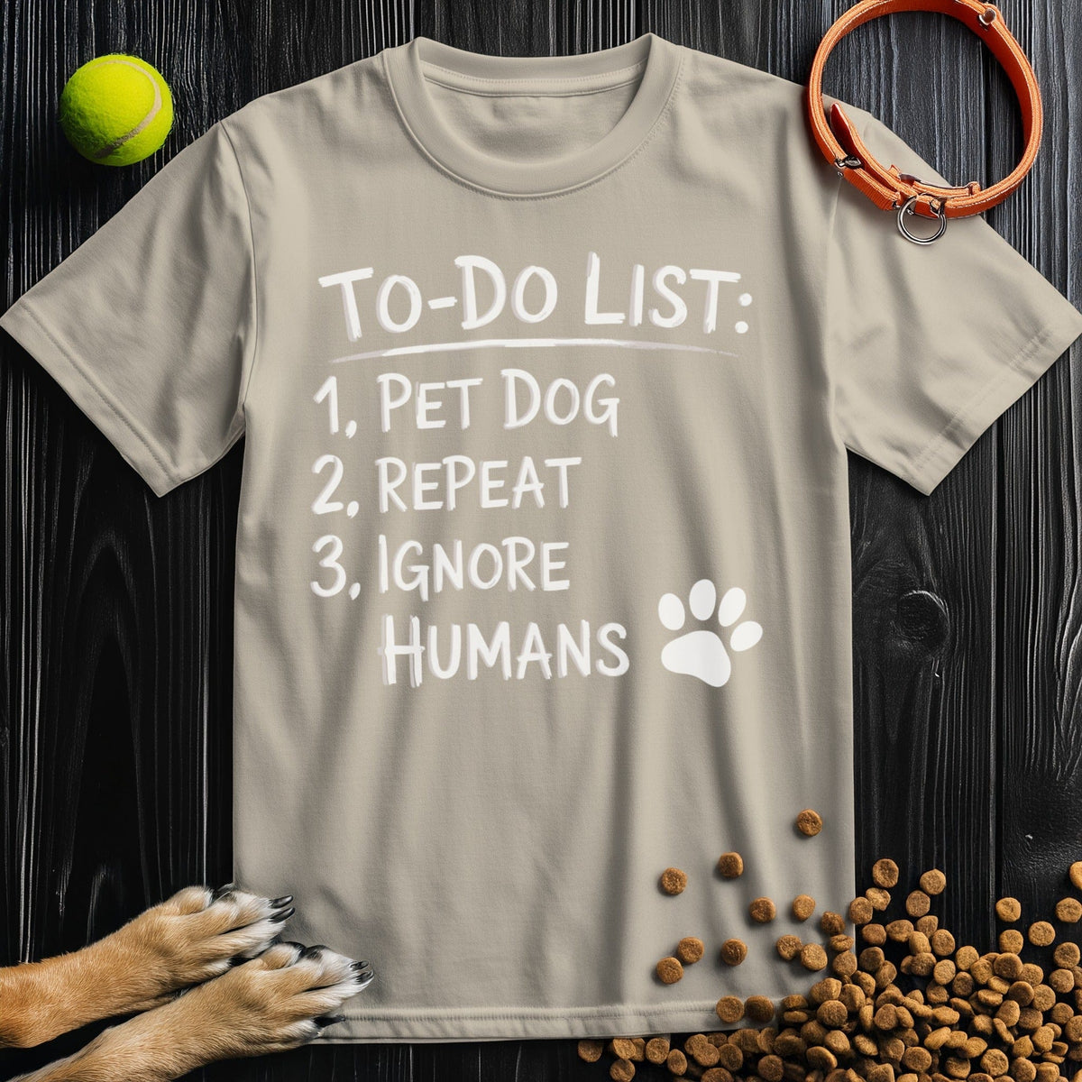 Front view of ‘To-Do List: Pet Dog & Repeat’ dog t-shirt in sand